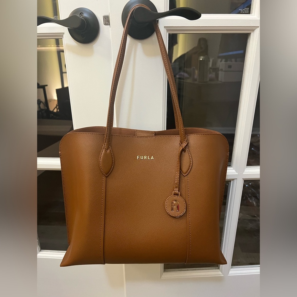 Furla Cognac Brown Leather Tote with Charm